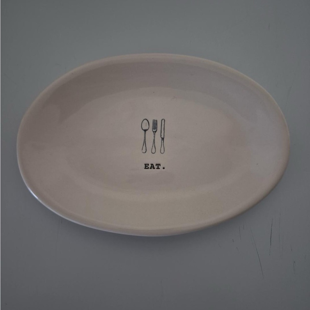 Rae Dunn Cream Ceramic Platter with Cutlery Graphic